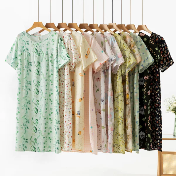 Cotton Silk Nightgown for Women, Summer Thin Short-Sleeved Pajamas, Mom Style Loose Large Size Home Dress, Elegant Beach Dress