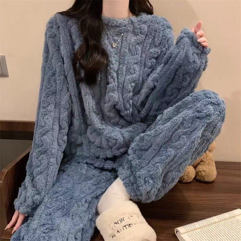 秋冬款珊瑚绒提花套装睡衣家居服女加绒加厚保暖套装长袖长裤套装|undefined