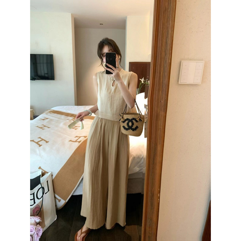New Chinese Style Stand Collar Button-Up Shirt Women's Summer Wide-Leg Pants Trendy Fashion Set Zhou Ye Same Style