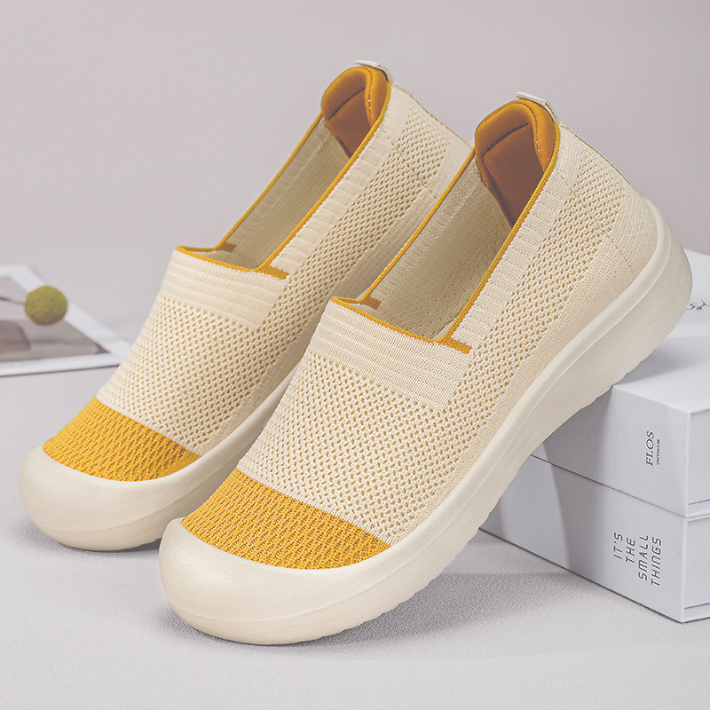 Zapatos de mujer, estilo versátil de primavera, zapatos de malla transpirable con tejido Fly-Knit, zapatos sin cordones, zapatos casuales de moda con bloques de color, venta al por mayor image 4