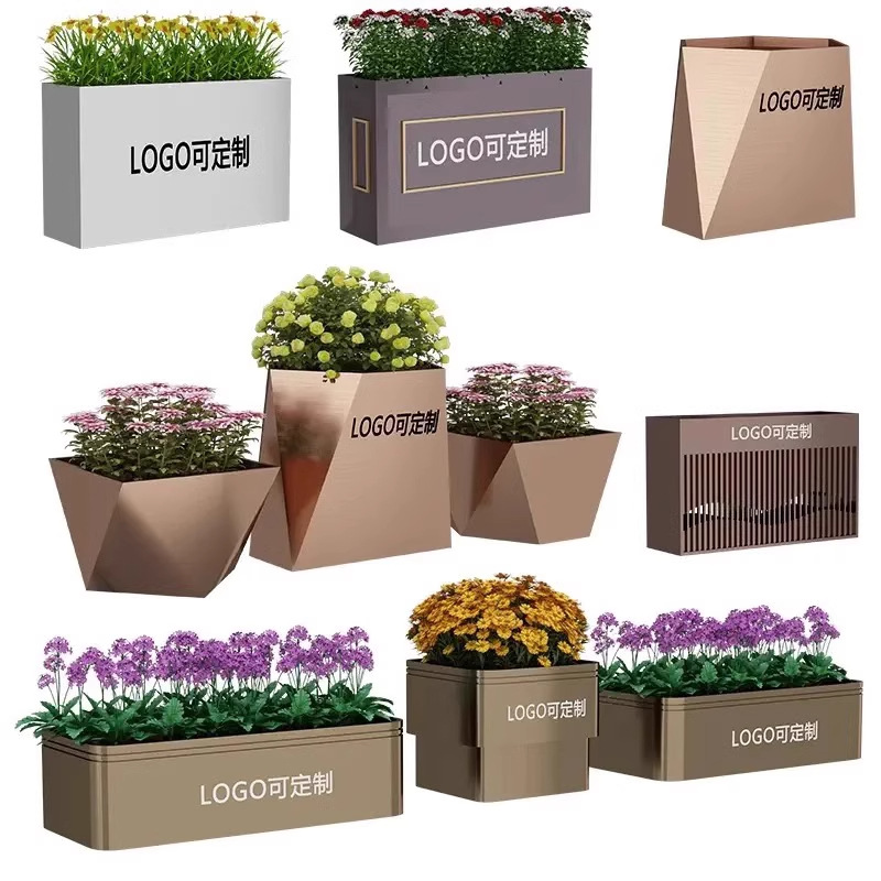 Caja de flores de acero inoxidable al aire libre combinación de cama de flores móvil divisoria de péndulo exterior departamento de ventas valla municipal caja de plantación de tanque de flores