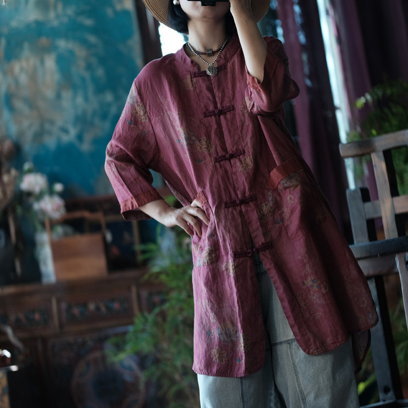 Vintage Artistic Ramie Loose Pocket Embroidered Front-Opening Long Shirt for Women 2176 Begonia Vintage Artistic Ramie Loose Pocket Embroidered Front-Opening Long Shirt for Women 2176 Begonia
