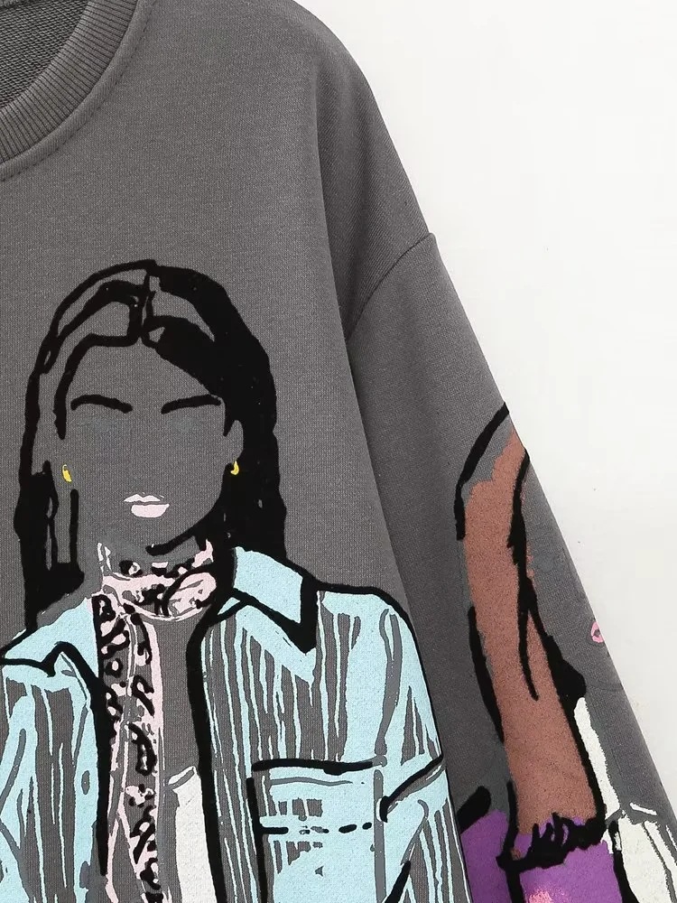Comercio exterior 2023 primavera nueva ropa de mujer forrada de lana con capucha cuello redondo suelta impresa sudadera
