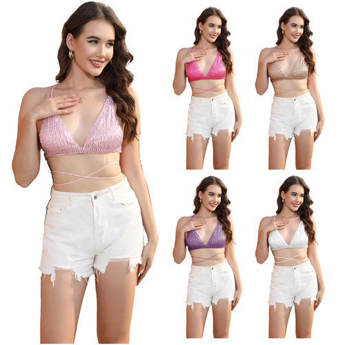 2024 Summer Fashion Sexy Cross-Border European and American Hot Reductive Backless Strappy Sequin Bikini Vest Top