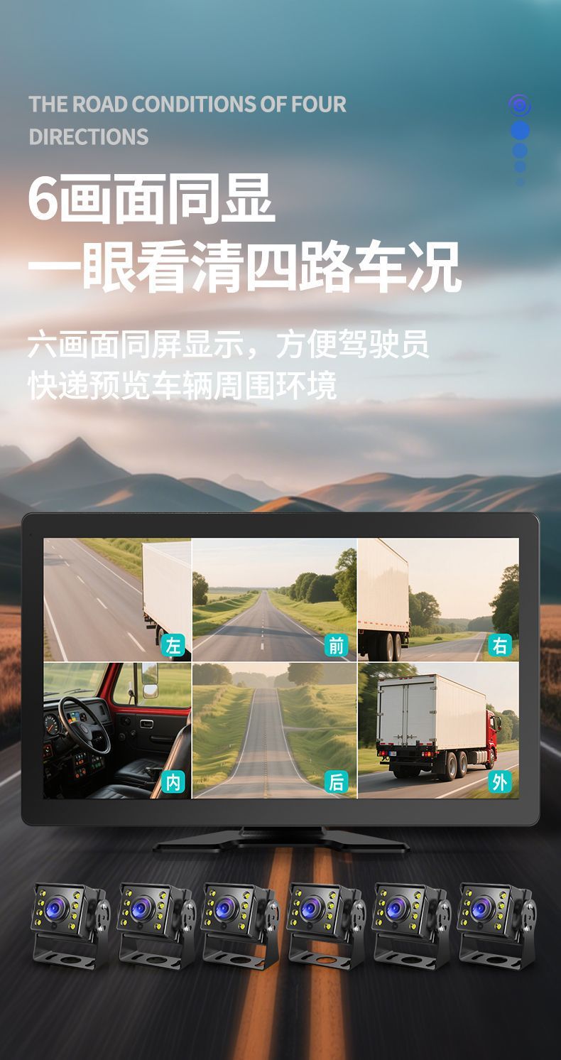 Truck dashcam with 6-channel display, 4G remote monitoring, high-definition in-car reversing camera all-in-one device wholesale