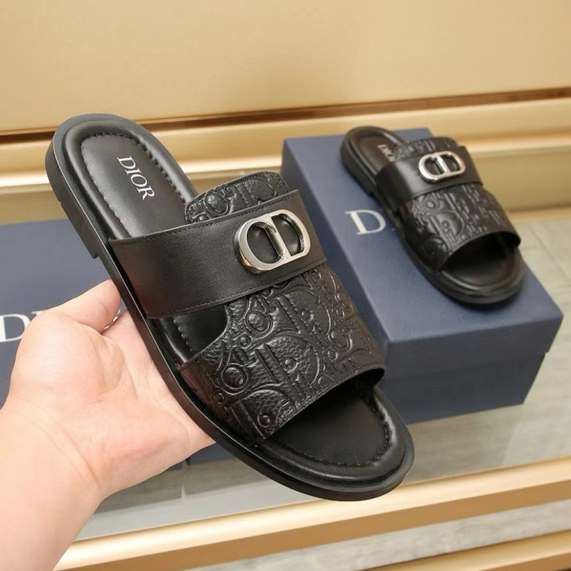 Original Brand New Trendy Genuine Leather Lettered Slippers for Men, Fashionable Versatile Retro Casual Beach Sandals