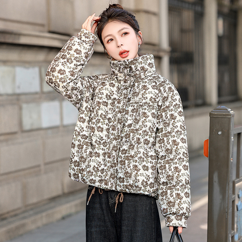 印花加厚短款羽绒棉服女装2025年冬季大码胖宽松气质减龄棉衣外套|undefined