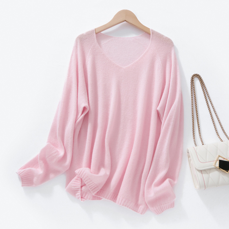 Silk-cashmere sweater with thin V-neck, candy-colored solid tones, knitted cardigan for women, casual and soft versatile top