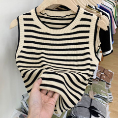 條紋吊帶背心女士夏季外穿圓領修身顯瘦內搭短款無袖冰絲針織上衣