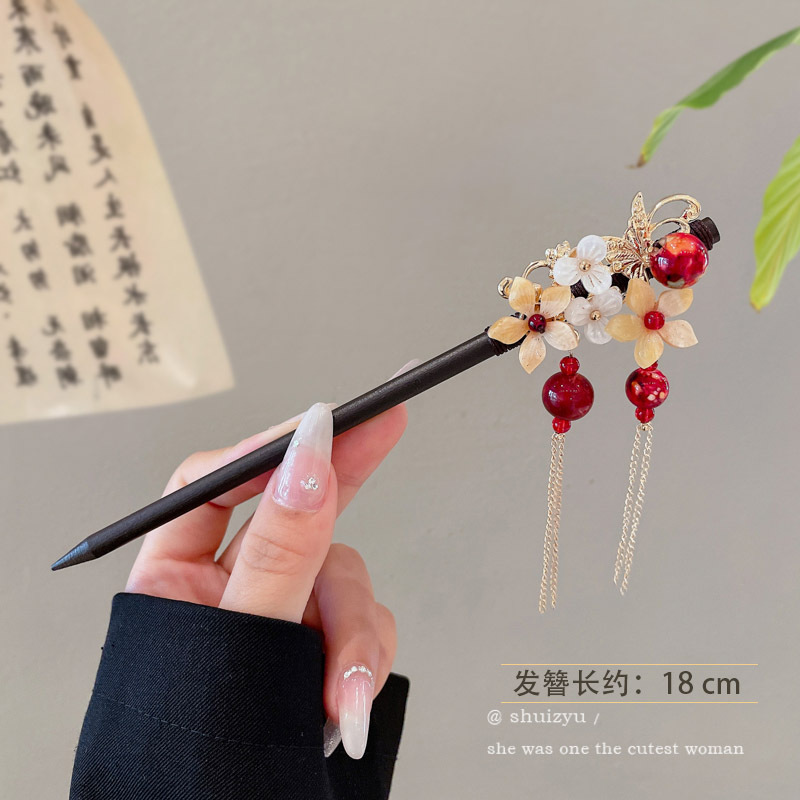 Horquilla de flores con flecos de estilo antiguo, sentido de alto nivel femenino, horquilla de cabello Hanfu de todo fósforo, horquilla de cabello en la parte posterior de la cabeza, tocado