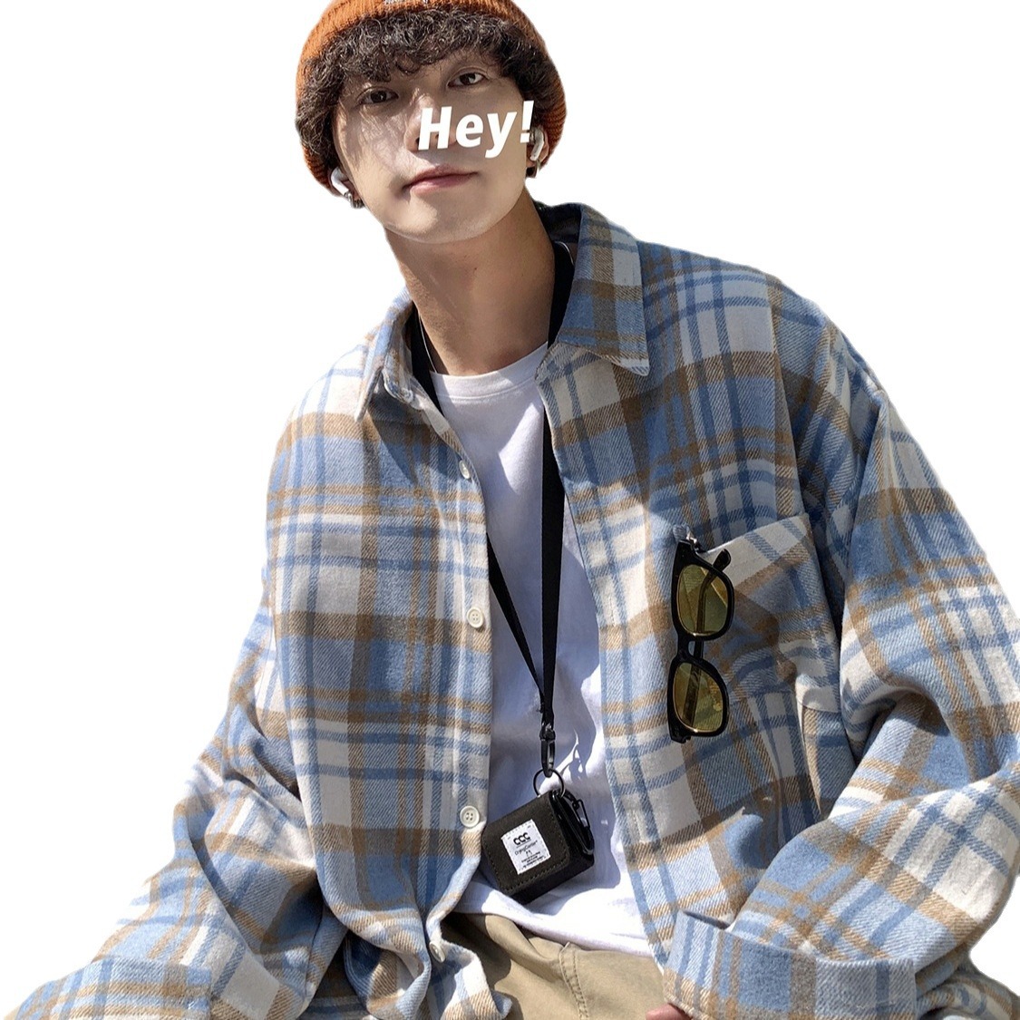 Camisa a cuadros de lana de alta gama para hombre Vintage suelto de manga larga ins Camisa de herramientas de marca de moda de alta gama