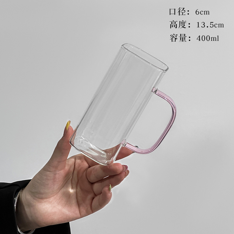 Taza de vidrio cuadrada con mango de color Taza de jugo de leche Taza para el hogar simple transparente Taza de agua de vidrio de borosilicato
