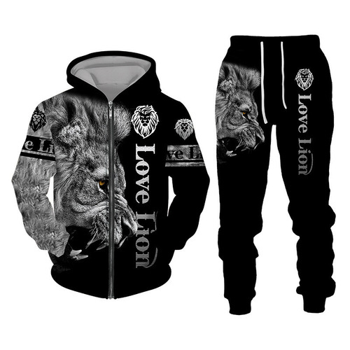 Spring Men's Sports Set with Tiger Pattern Series 3D Print Long-Sleeve Sweatpants Two-Piece Set