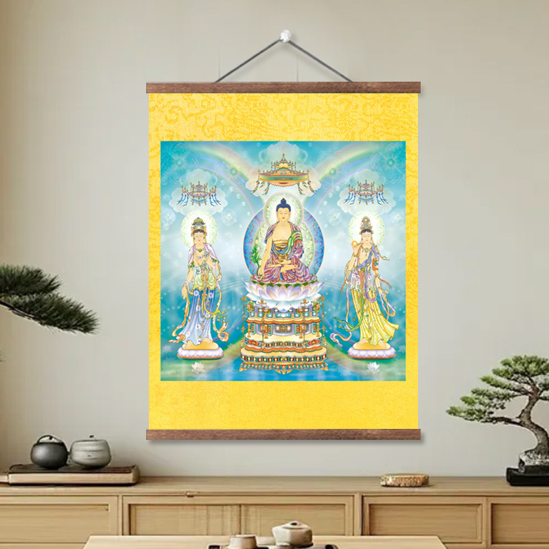 High-Definition Eastern Three Saints Portrait Hanging Painting Medicine Buddha, Tathagata, Sunlight and Moonlight Bodhisattva Buddha Statue Buddhist Hall Scroll Painting