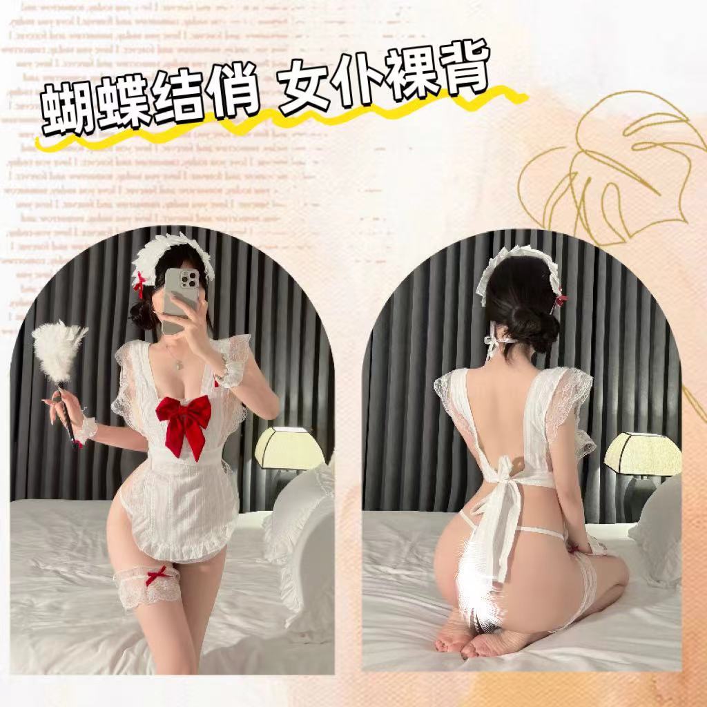 Maid Roleplay Lingerie Set with Lace Apron and White Open-toe Stockings, One Size — detail image 4
