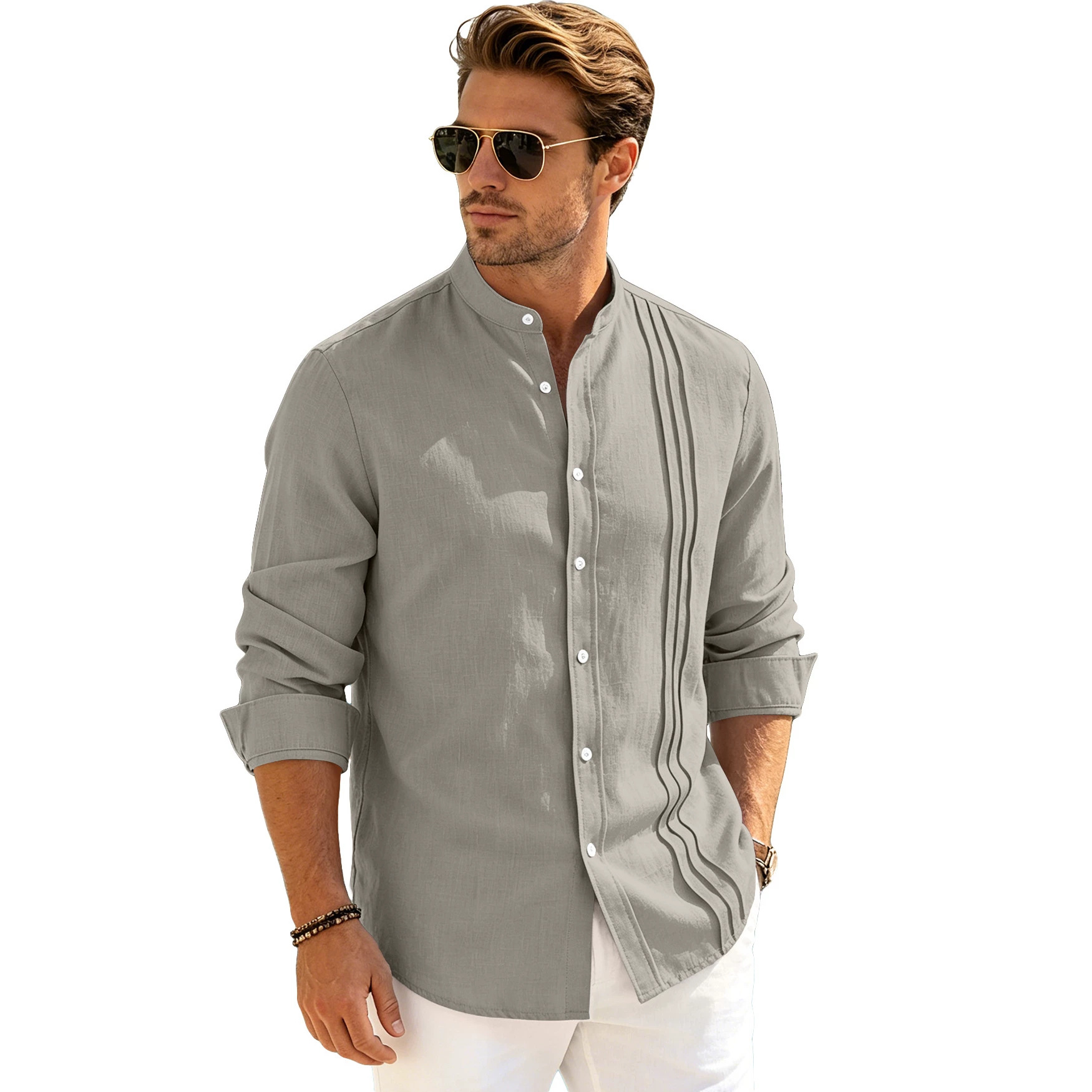 Transfronterizos eBay Europa y América primavera nuevo estilo de hombre cuello a rayas de color sólido camisa de manga larga cardigan americano camisa casual abrigo
