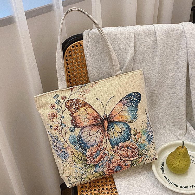 Double sided gold wire jacquard embroidered canvas student tutoring shoulder large capacity mommy bag, artistic style_voghion.com