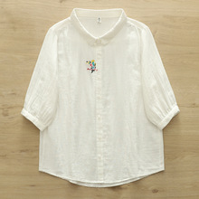 日系小清新刺绣小花双层棉纱中袖衬衫女 翻领宽松五分袖衬衣 批发