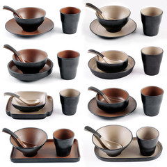 Retro Japanese four-piece restaurant hotel hot pot tableware melamine imitation porcelain plate bowl cup spoon set commercial