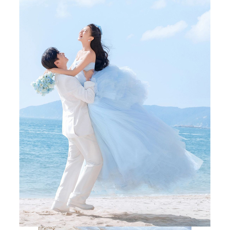 High-End New Style Photo Studio Seaside Blue Internet Celebrity Wedding Dress Princess Dreamy Slimming Super Fairy Dress Photo Studio Theme Clothing