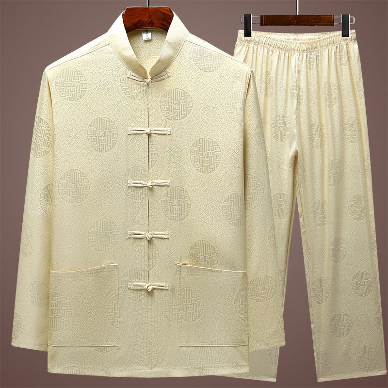 春夏季冰丝中老年人唐装男长袖套装爸爸秋装新中式爷爷晨练服汉服