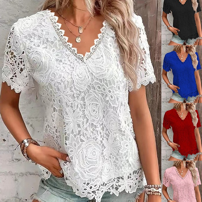 2025 New Aliexpress Amazon European and American Fashion Tops T-Shirts Lace Short Sleeves for Women