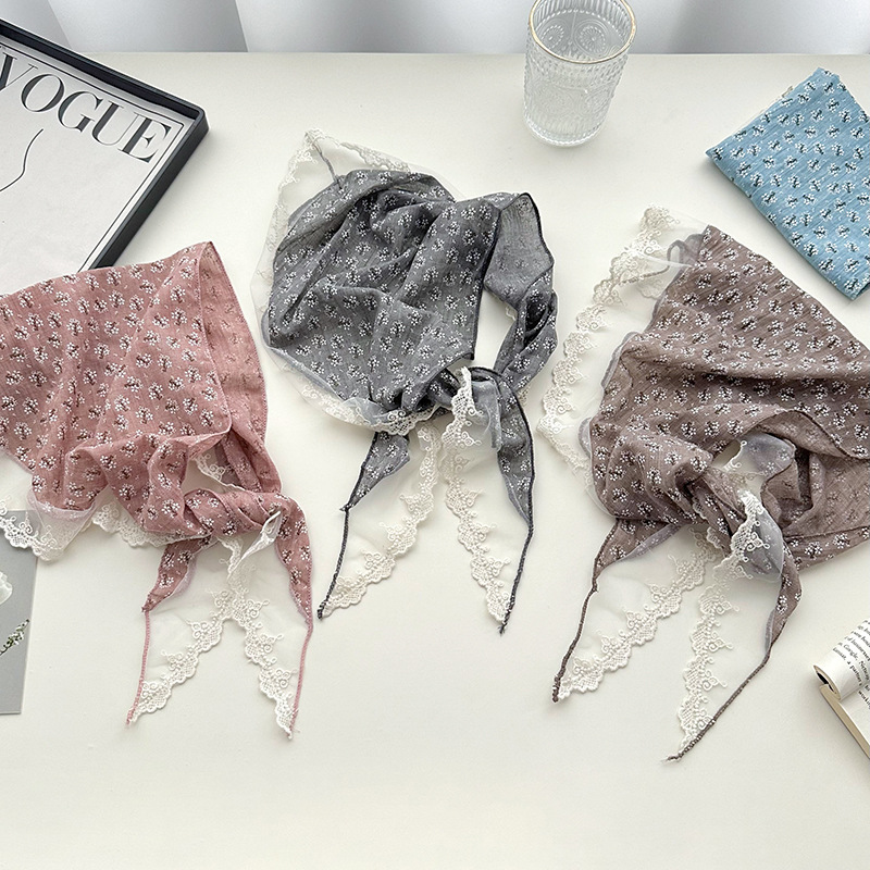 Flor francesa idílica dulce pañuelo de cabello de encaje empalme decoración retro pañuelo triangular bandana bufandas de seda correa de cabello