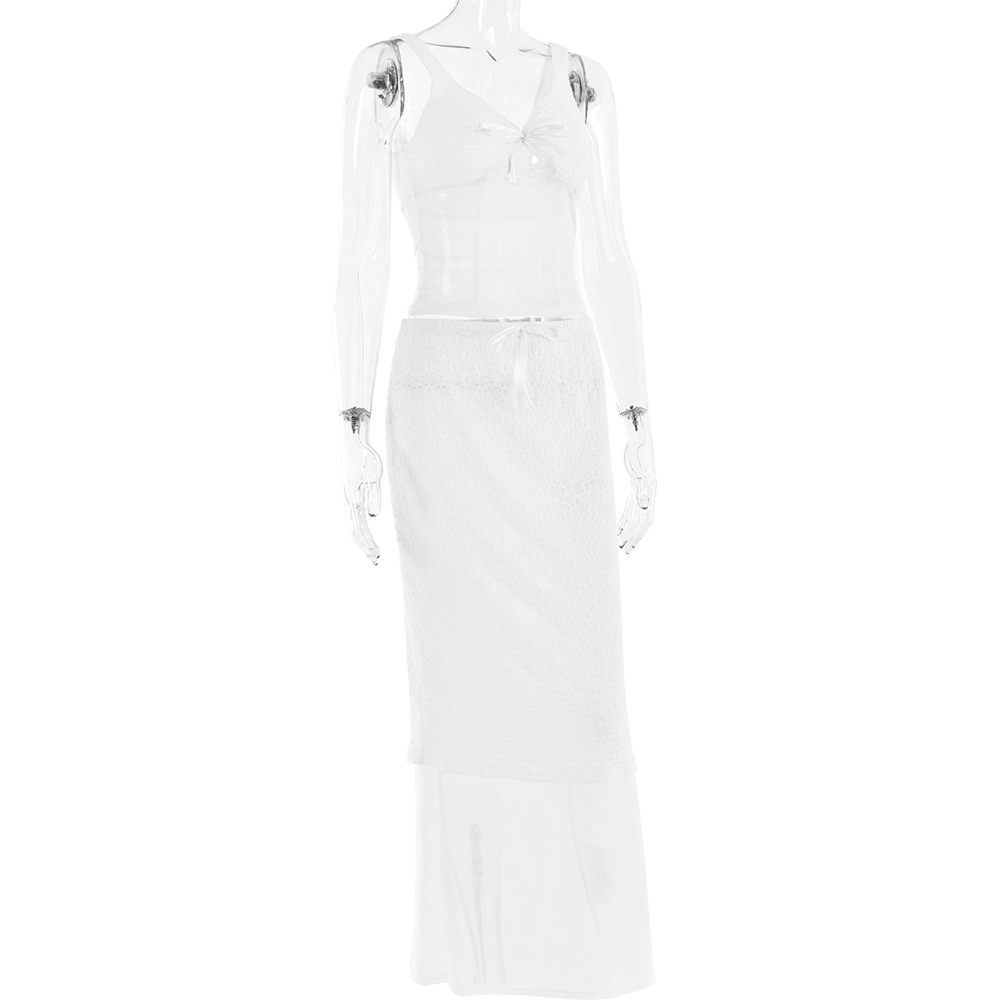 Lace Hook Floral Two Piece Sling Women Sexy Slim Fit Maxi Skirt Set Autumn