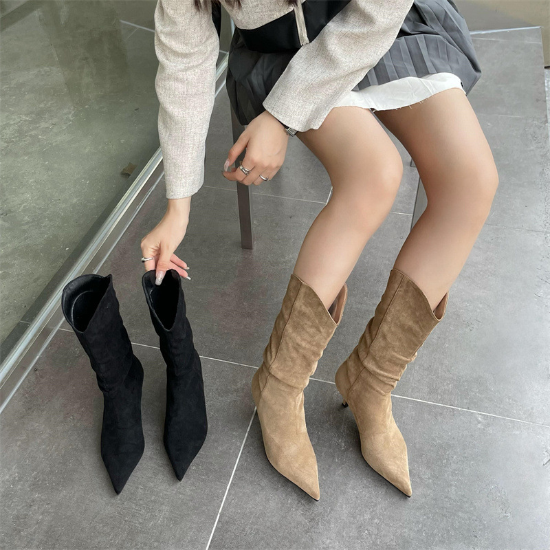 Roman style retro pointed toe suede stiletto high-heeled mid-well boots NSZLX139050