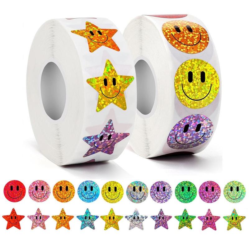 Laser Five-Pointed Star Roll-Packed Stickers, Sparkling Colorful Self-Adhesive Gift Box Sealing Stickers, Smiley Face Round Self-Adhesive Stickers