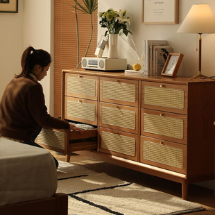 Nordic Solid Wood Nine-drawer Cabinet Simple Living Room Japanese-style Rattan Drawer Decorative Cabinet Bedroom Homestay Storage Cabinet