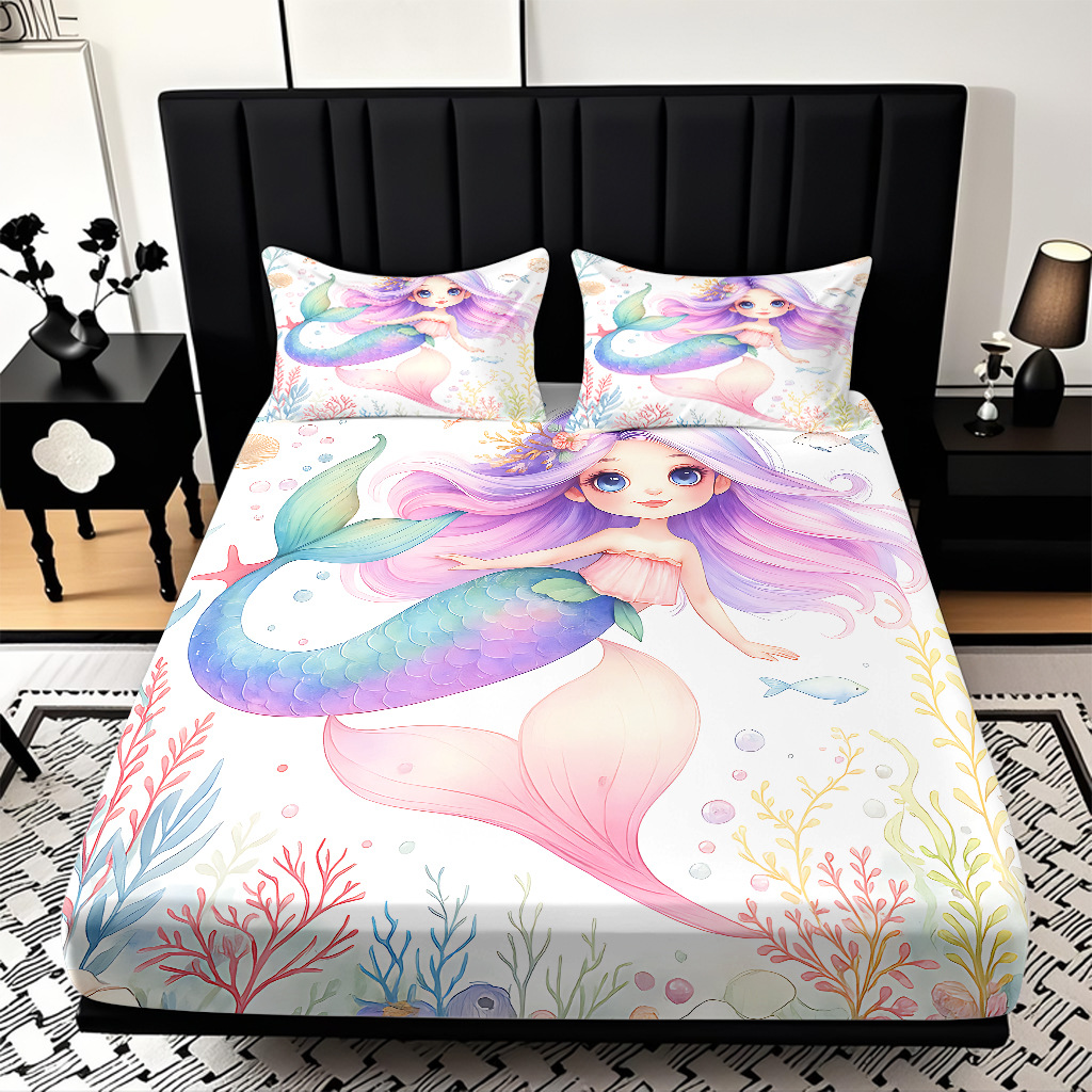JIT modo Temu 3D impresión de caricatura sirena cama textil casera camisa ropa de cama tres piezas set transfronterizo mayorista
