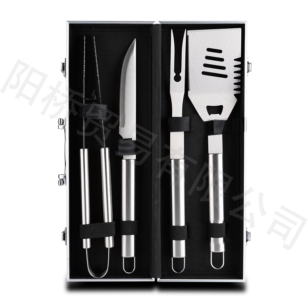 Fabricante Amazon herramientas combinación de caja de aluminio BBQ horquilla de parrilla cuchillo de parrilla mango de tubo de acero inoxidable parrilla