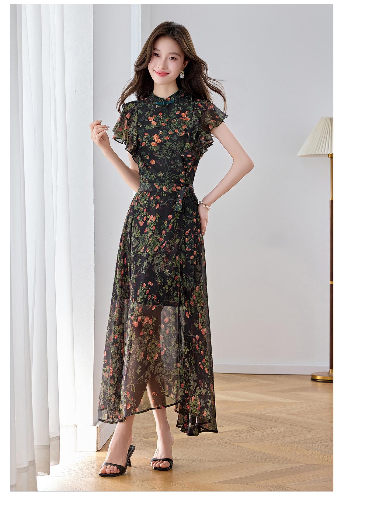 Đầm maxi nữ thắt eo họa tiết hoa nhí hai dây mặc hai kiểu Z5718 — Hoa đỏ, Chấm tròn chi tiết 21