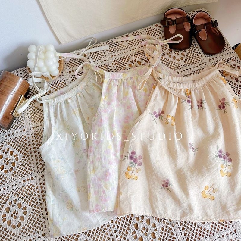 Girls' Summer New Stylish Small Camisole Children's Versatile Drawstring Floral Sleeveless Thin Vest Little Girl's Clothing