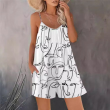 2025春夏休闲女士吊带短裤夏季印花无袖连体裤女欧美风显瘦