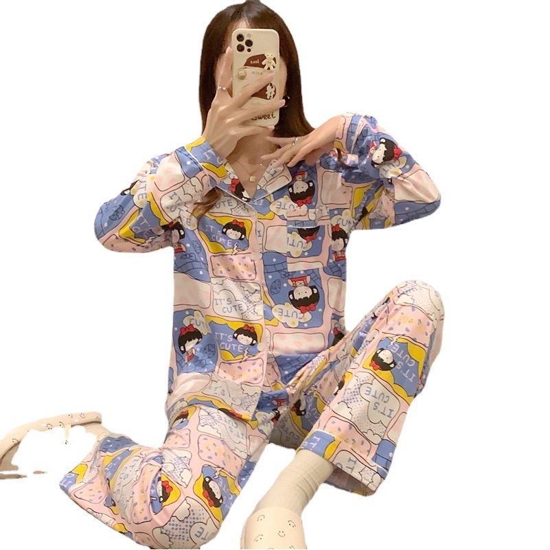 El comercio exterior de primavera y otoño pijamas algodón para las mujeres ins lindo dibujos animados solapa cardigan suelta delgada vestir prendas exteriores homewear