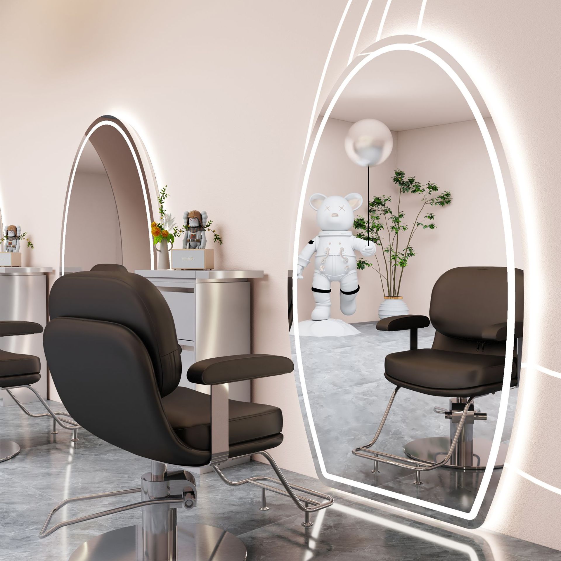 Peluquería de celebridades de Internet de alta gama Espejo de cuerpo completo para peluquería Espejo ovalado de una cara y doble cara con luz Mesa de espejo de piso para peluquería