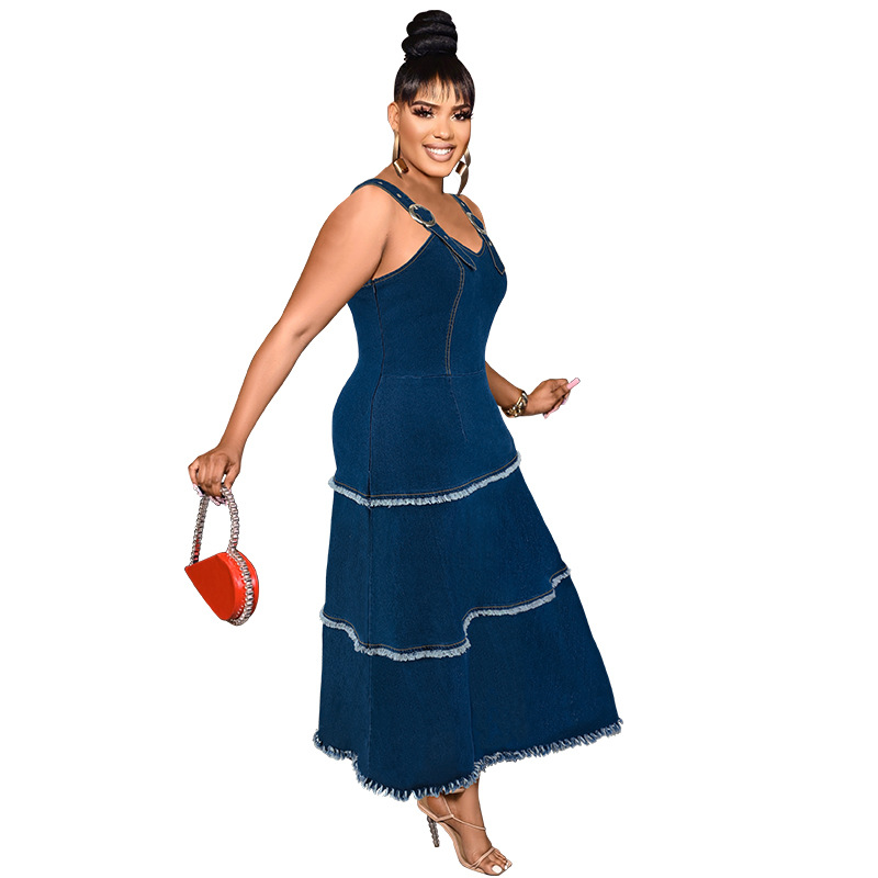 Plus Size Denim Maxikleid Mit Fransen Boho A-linien Kleid_voghion.com