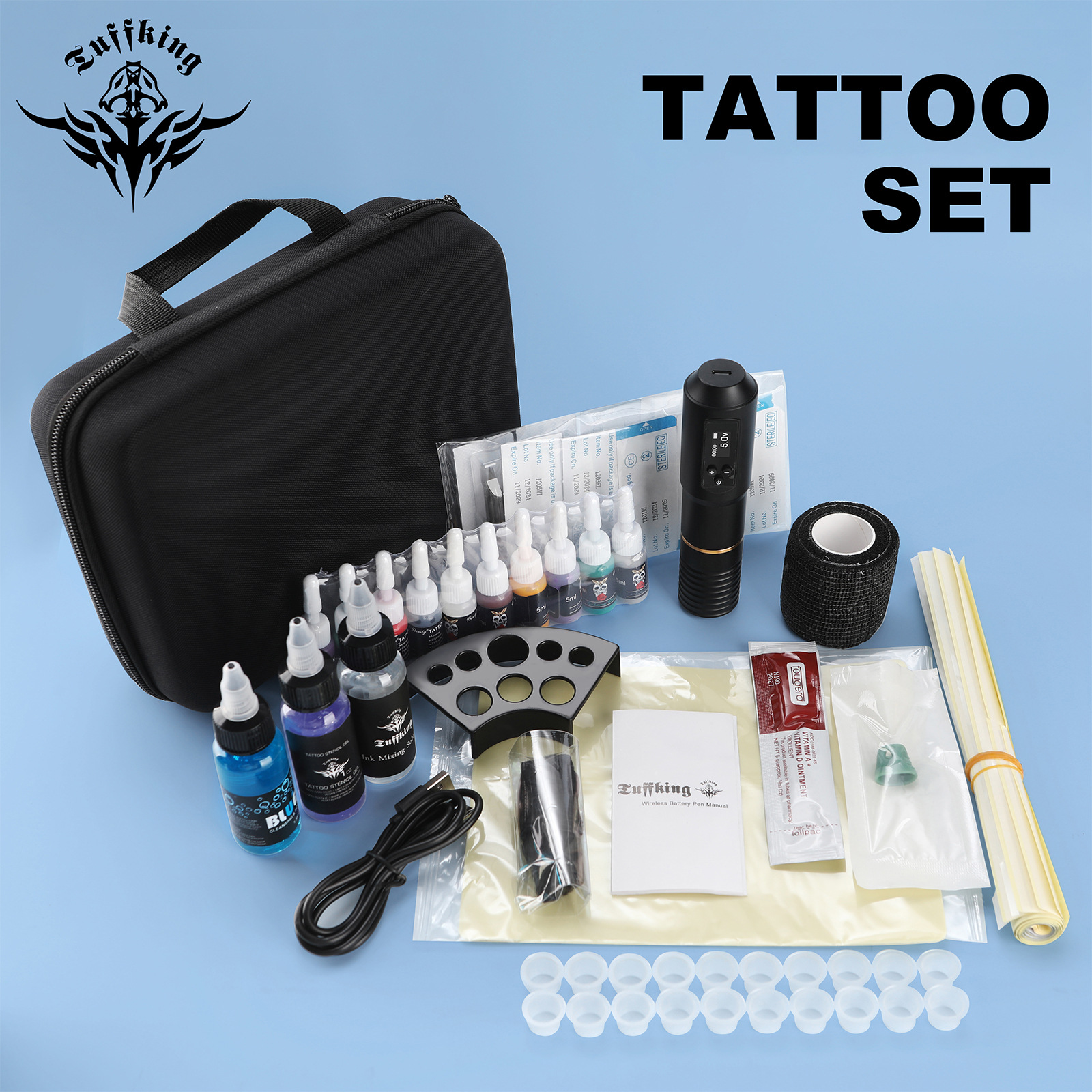 Principiantes Tuffking pluma inalámbrica con pluma de batería completa máquina de tatuaje en pantalla todo en uno herramienta de tatuaje consumibles
