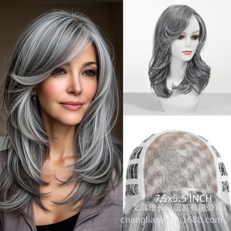 European and American Mono Wig Free Split Medium-Length Curly Hair Women's Natural Full Headgear Seamless Gray and White Highlights Suitable for Daily Use