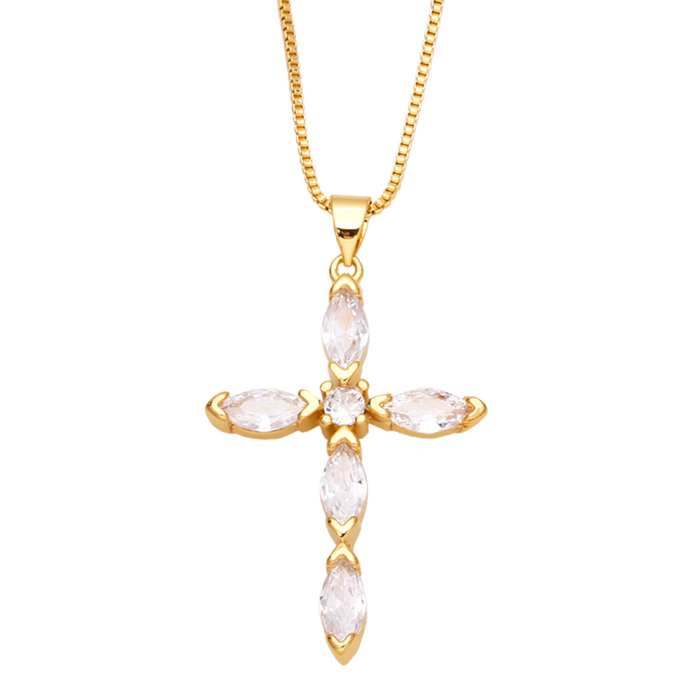 fashion cross copper gold-plated inlaid color zircon necklace