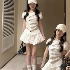气质法式白色波点短袖衬衫上衣压褶设计感甜美风花苞蓬蓬短裙套装