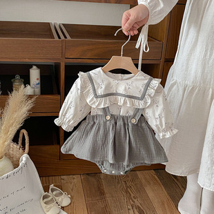 Dianxi 2025 New Autum Style Infant Suspender Dress Suit for Baby Girl Large Lapel Doll Shirt Two-Piece Set