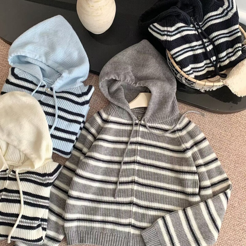 New autumn and winter Korean-style fashion double-zipper color-blocked jacket sweater, cross-border foreign trade color-contrast striped hooded cardigan for women New autumn and winter Korean-style fashion double-zipper color-blocked jacket sweater, cross-border foreign trade color-contrast striped hooded cardigan for women