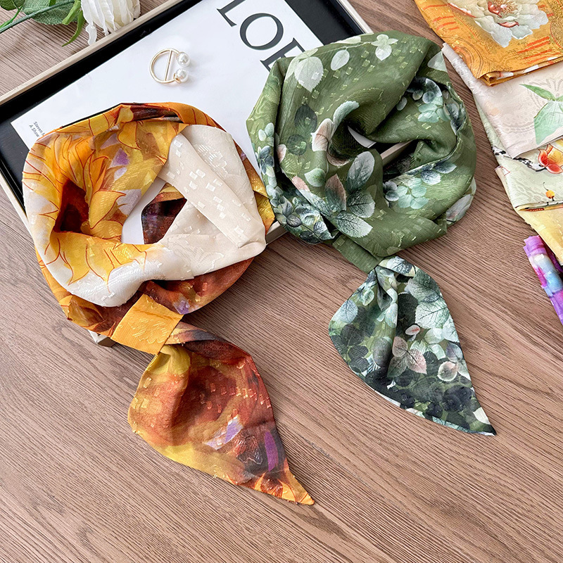 Bufanda de seda larga floral para las mujeres primavera y otoño estilo coreano versátil de alto grado fresco artístico perezoso cuello protección del oído bufanda