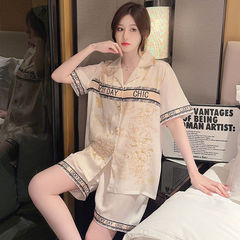 夏のアイスシルクパジャマ女性の新しい韓国スタイルルーズカーディガンラペルシンプルカジュアル半袖ホームウェアセットイン