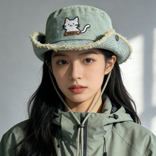 牛仔渔夫帽女春夏日系简约可爱小猫盆帽遮阳防晒帽大头围素颜帽子