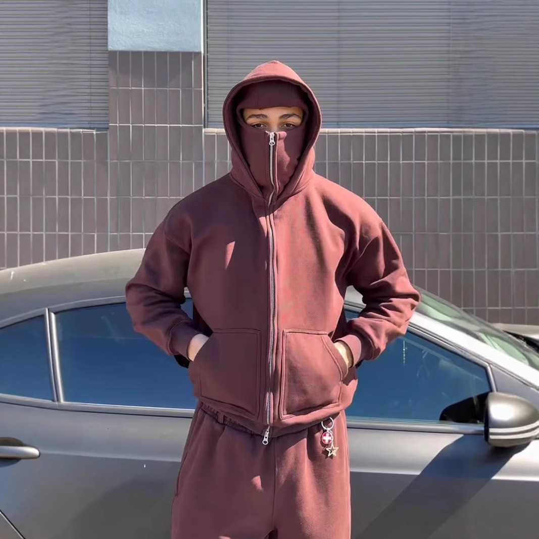 2025 tendencia estadounidense color sólido cuello alto otoño e invierno marca de moda personalidad sudadera con capucha simple cárdigan suéter traje hombres y mujeres