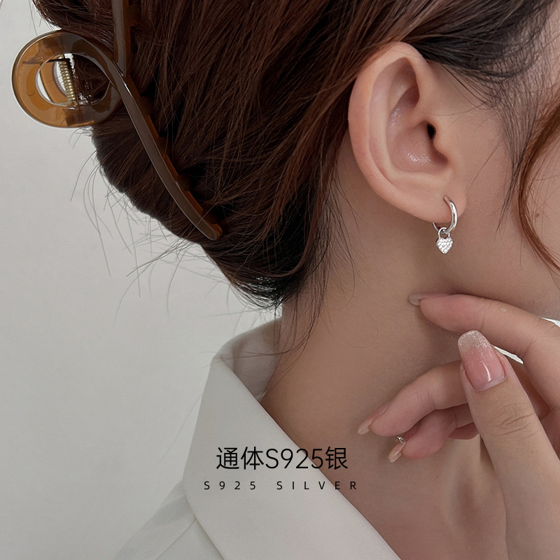 S925銀高級感網紅愛心耳環女滿鑽鑲嵌小眾心形桃心吊墜耳飾品耳圈